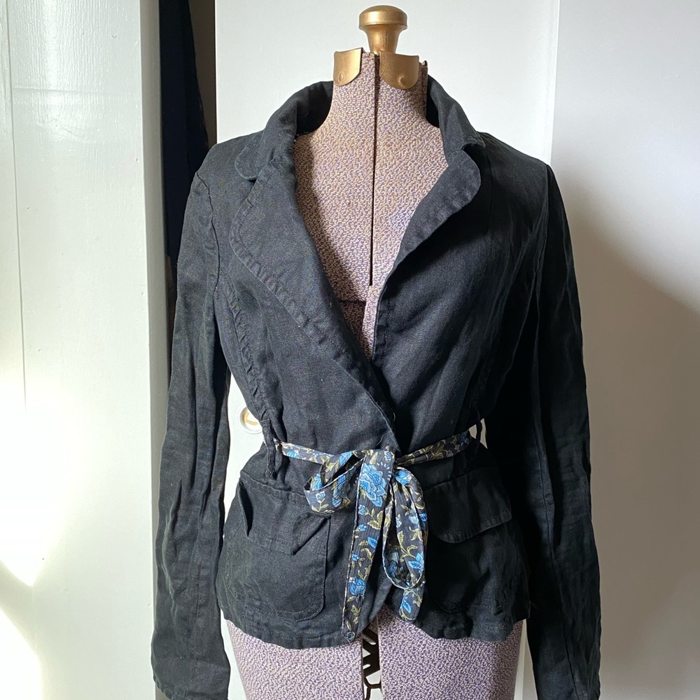 Linen Two-Button Blazer with Floral Tie Closure